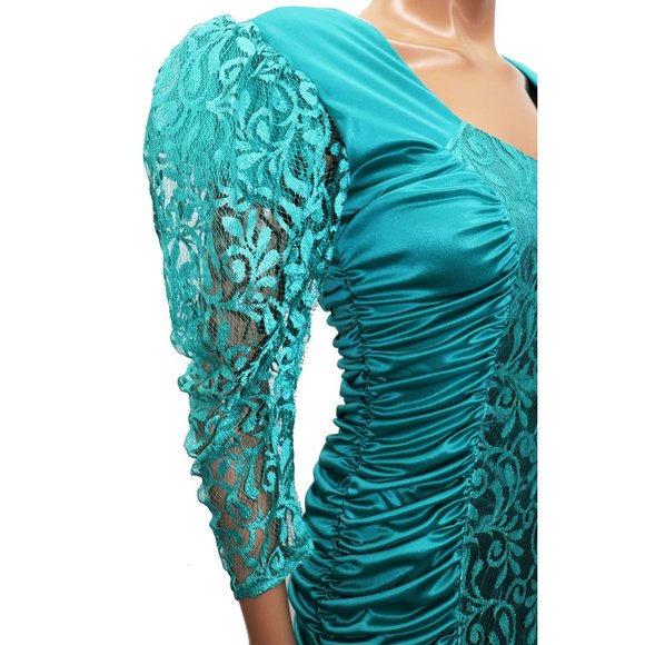 Mavens of California Vintage Body Con 80s Ruche Party Dress Puff Lace Sleeve 7 - Picture 7 of 10